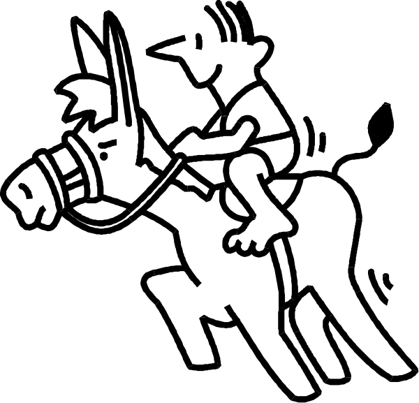 The black and white illustration shows a cartoon of an animated character riding on top of another horse that is also depicted as being ridden by someone else who appears to be in mid-ride with their arms outstretched, suggesting motion; there's no text or additional context provided within the image.