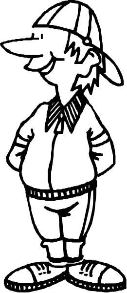 The black and white illustration features a cartoon character who appears to be an anthropomorphic dog wearing a detective's hat with a magnifying glass on it; he is standing upright in front of what looks like a brick wall, looking directly at the viewer.