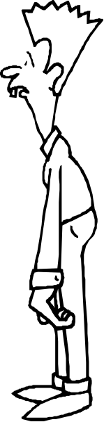 The black and white silhouette of a person standing next to another figure that appears larger due to perspective distortion.