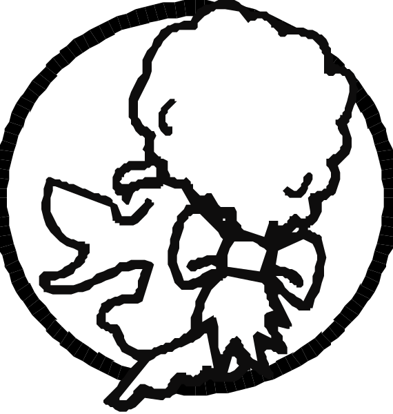 The image shows a black and white line drawing of an animated character that appears to be floating above water with its arms outstretched as if flying.
