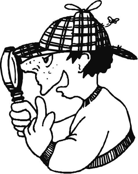 The black and white illustration features a cartoon detective character with exaggerated facial expressions peering through magnifying glasses at something off-frame while holding up his hat to block out light from behind him.