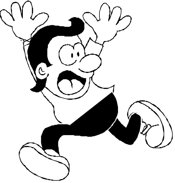 The images show two cartoon characters running with their arms outstretched against a black background; there is no text present in either image to provide additional context about what might be happening within them.