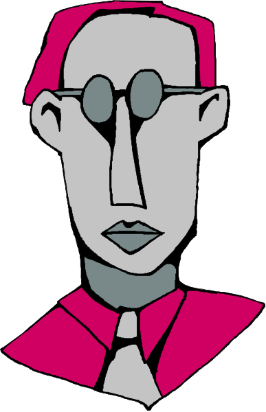 The image shows a black and white illustration of an abstract figure with glasses wearing a red shirt and tie, standing against a pink background that has stripes on it.