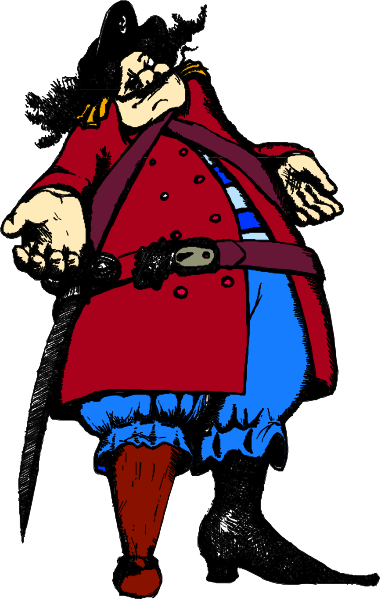 The illustration depicts a man dressed as an old pirate with red coat, hat, sword, belt buckle, boots, cane in hand, standing next to a large scroll that reads "Pirates of the Caribbean."