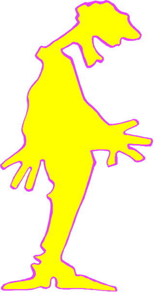 The image shows a black silhouette of an animated character with exaggerated features standing on top of what appears to be a yellow line against a white background.