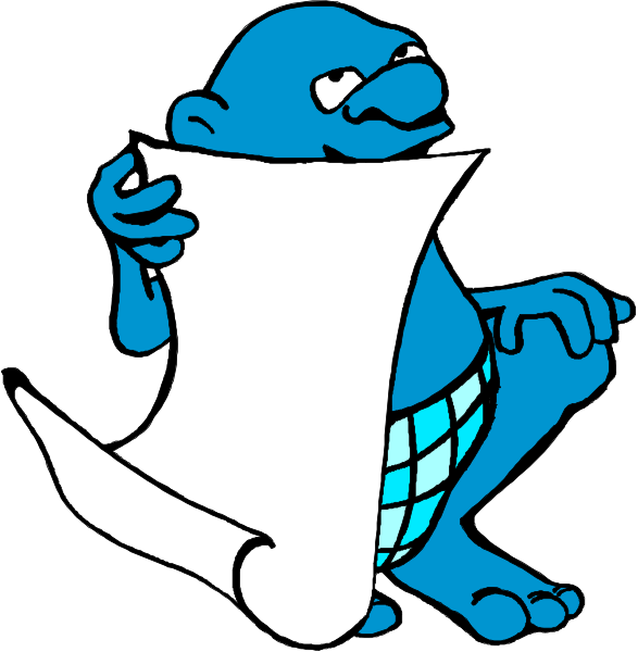 The cartoon shows a blue gnome holding an open map with its hands while sitting on what appears to be a piece of paper that has been torn from it; there is no text in this image.