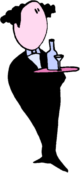 The image shows a black and white cartoon of an animated man holding a wine glass on his left hand while standing at what appears to be a bar counter with bottles in front of him; he is wearing a suit, tie, and hat, suggesting formal attire for serving or bartending purposes.