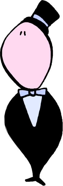 The image shows a black and white cartoon of an anthropomorphic egg character dressed as a tuxedoed man with top hat standing next to another similar figure that is partially obscured by vertical stripes, creating two distinct halves in one frame; no other objects or actions are visible within the confines of this small image.