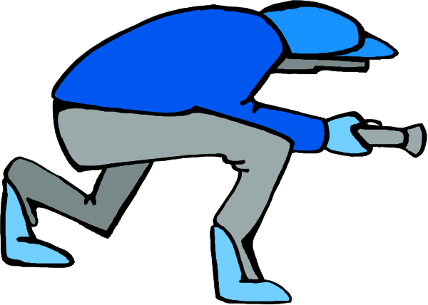 The image shows a cartoon of an individual with blue clothing running away from what appears to be law enforcement officers who have their backs turned towards them while holding cameras in hand.
