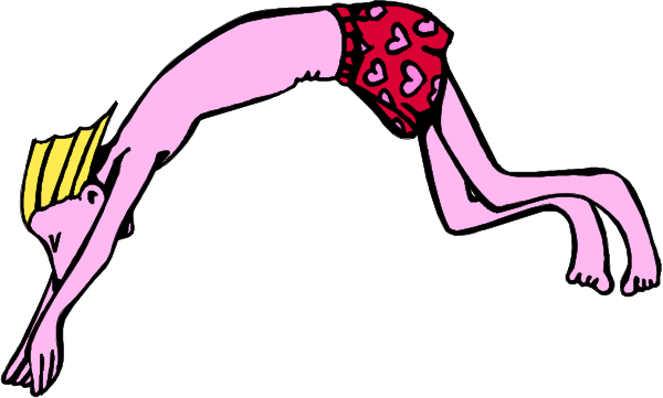 The cartoon shows a person with blonde hair lying on their stomach while holding onto an object that resembles a surfboard in one hand and reaching out towards another figure who appears to be standing upright next to them, both against a plain background without any distinguishable features or setting details visible within the frame.