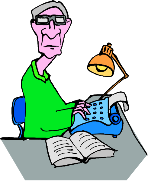 The cartoon shows a man sitting at his desk with an open book before him; he is wearing glasses and appears to be typing on what looks like a typewriter while looking downward towards it.