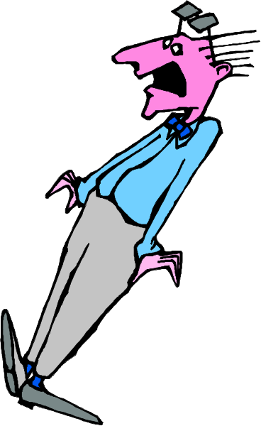 The cartoon shows a man leaning forward with his hands on knees; he is wearing glasses, has gray hair, wears blue pants, white shirt, red tie, and black shoes.