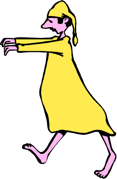 The image shows a cartoon of an animated character walking with its arms outstretched while wearing yellow clothing that resembles rain gear; it is set against a plain background without any additional context provided by other elements in the scene.