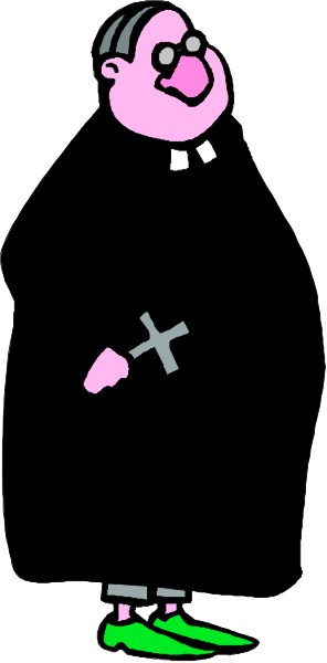 The illustration shows a cartoon of an adult male figure dressed as a priest with glasses holding what appears to be rosary beads in his right hand; he is standing against a plain background that has been split diagonally by two lines, one vertical and one horizontal.