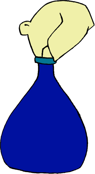 The cartoon shows a blue bottle with an exaggeratedly large neck that is sticking out of it like a human head, giving off a humorous vibe as if it's looking around in surprise or confusion.