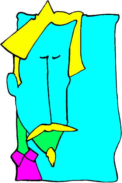 The image shows a cartoon of an animated character with exaggerated facial features such as large eyes and eyebrows, wearing what appears to be a blue shirt.