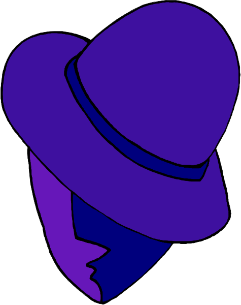 The image shows a purple fedora hat with an illustration of a person's face on it against a white background.