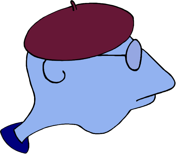 The image shows a cartoon of an anthropomorphic fish with glasses wearing a beret hat walking to its right on what appears to be water.