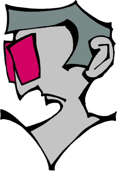 The image shows a stylized graphic of an abstract face with red eyes against a white background on top left corner; it is overlaid onto another picture that appears to be a photograph in bottom right corner, which features two people standing close together and looking at something off-camera.