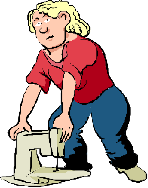 The cartoon shows a woman leaning over to pick up papers from an open briefcase on her left side while standing outdoors in front of what appears to be a building with columns; she is wearing blue jeans, and there's no text present.