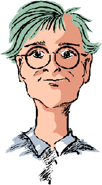 The image shows a black and white illustration of an older man with glasses wearing a blue shirt, drawn from his chest up against a plain background.
