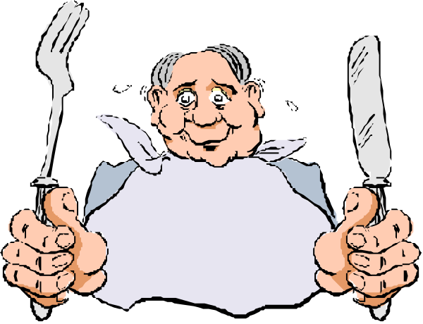 The cartoon shows a caricature of an older man with exaggerated facial features holding up two thumbs as if giving approval to something off-camera while wearing chef's attire; he is standing in front of a plate and knife, which suggests that it might be related to food or cooking.
