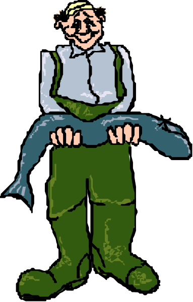 The illustration shows a man holding an oversized fish while standing on land; he is wearing overalls with suspenders, boots, gloves, and has facial hair.