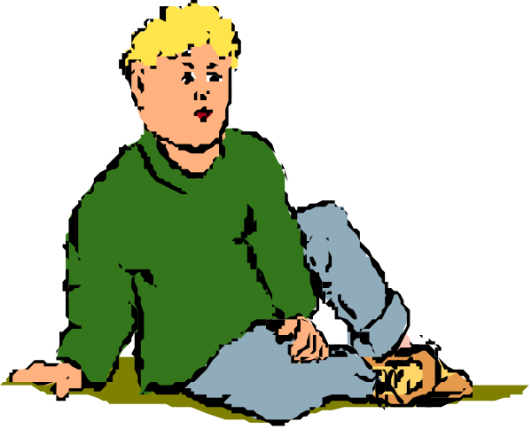 The image shows a cartoon of an animated boy sitting on grass with his legs crossed over each other while looking to the side.