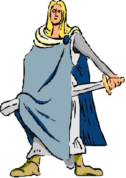 The illustration shows a figure dressed as an ancient warrior with blue armor holding a sword standing on top of what appears to be a shield in front of them; there is no background detail provided within this image's frame, focusing solely on the central character and their attire.