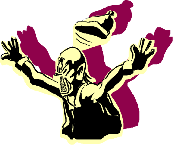 The image shows a cartoon of an animated character with arms outstretched against a purple background that has pink splashes on it.