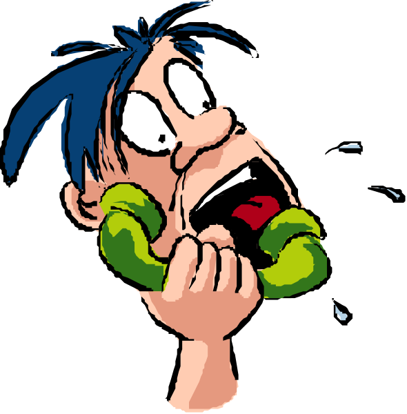 The images show a cartoon character with exaggerated facial expressions holding two green snakes to his ears as if he is talking on them; in one image, there's an expression of surprise while looking upwards and away from the viewer, and in another, it appears that something has caused him distress or fear.