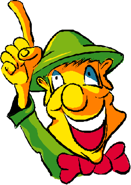 The cartoon shows a caricature of an animated character who appears to be happy with his hand on hip pointing upwards while wearing green pants, red shoes, yellow shirt, blue hat, bow tie, and holding what looks like a microphone in one hand.