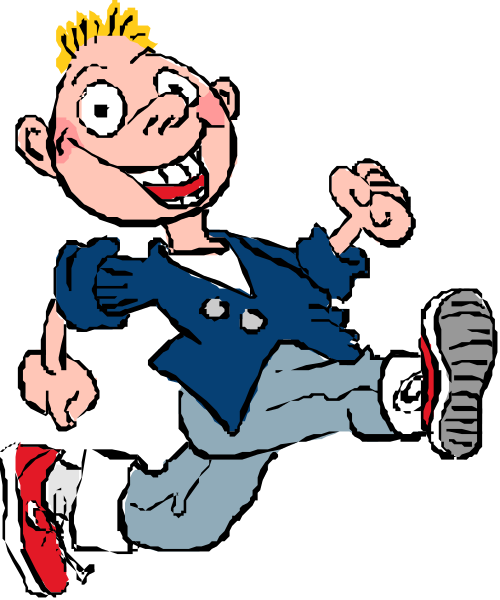 The cartoon shows a boy with blonde hair running on his toes while wearing blue jeans and sneakers; he is smiling broadly as if in mid-stride.