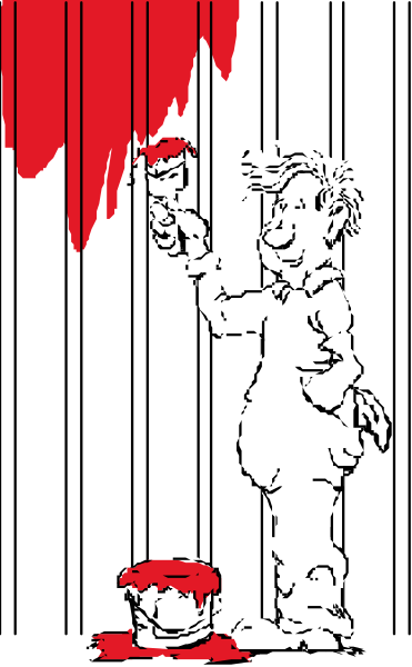 The black and white illustration shows a cartoon character holding up an object that resembles a red apple with teeth marks in it to another figure who is looking at him intently from below.