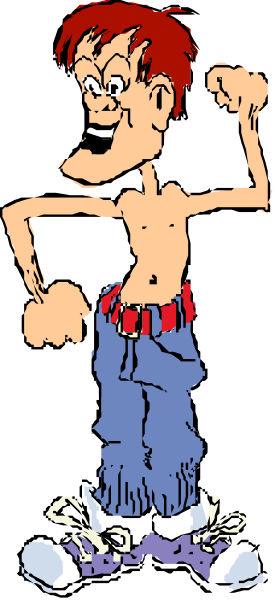The cartoon shows a man with red hair wearing blue jeans standing against a black background; he is holding his hands on hips in an assertive pose.