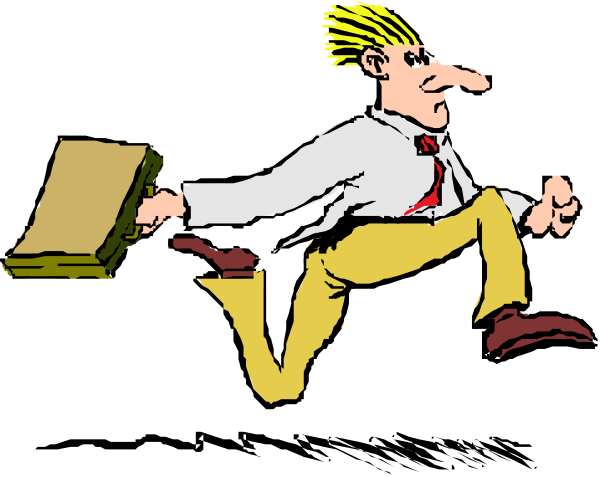The cartoon shows a man running with two pizzas balanced on his arms while wearing yellow pants; he is depicted in black-and-white line drawing without color detailing clothing and accessories but no facial features, set against dark background.