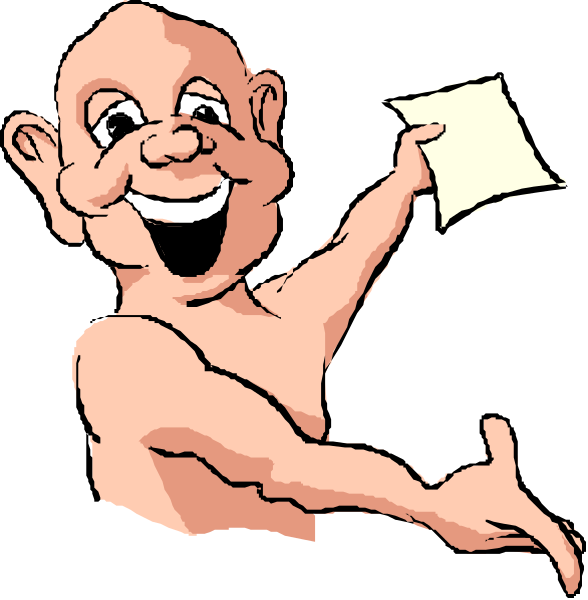 The image shows a cartoon of an animated character holding up two signs with text on them; it is divided into three panels: in one panel, there's only half of the body visible from behind showing arms outstretched and pointing to something off-screen; another panel displays just the head of the same figure smiling broadly at a piece of paper held by an unseen hand.