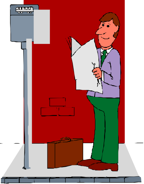 The illustration depicts a man standing next to an ATM machine on a sidewalk with his luggage beside him while reading papers from it; he is wearing green pants and holding newspapers in both hands.