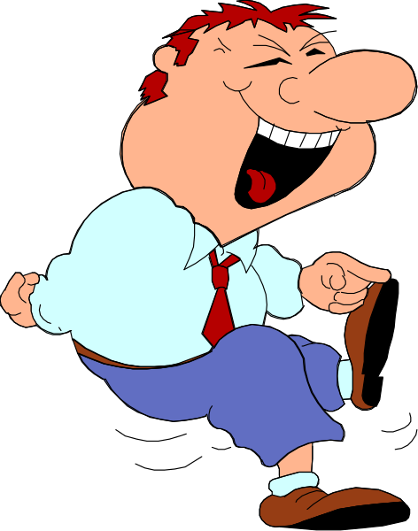 The cartoon shows a man with red hair wearing glasses who appears to be laughing while standing on his tiptoes; he is dressed in blue pants and has one hand raised as if gesturing during speech.