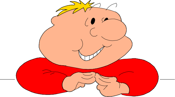 The cartoon shows a man with blonde hair sitting down wearing red clothing; he has his hands clasped together under his chin in front of him while looking upwards to one side.
