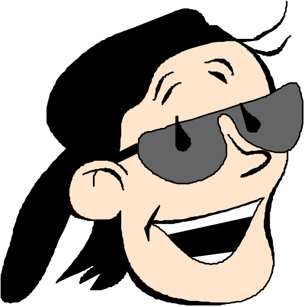 The cartoon shows a man with sunglasses wearing an oversized pair of glasses on his head; he is smiling broadly at something off-camera to the right side of this image.