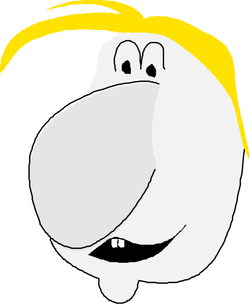 The cartoon shows a character with exaggerated features such as large eyes and an open mouth revealing teeth; it has blonde hair on top of its head and is wearing what appears to be glasses over one eye, giving off a surprised expression.