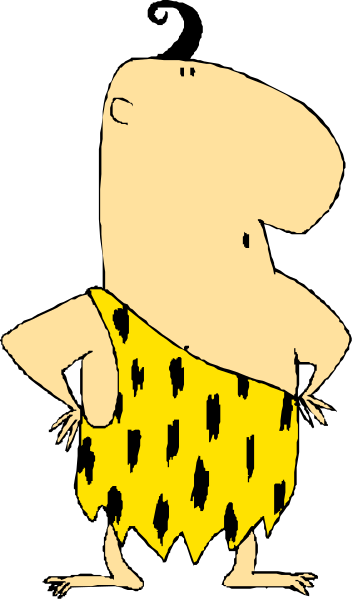 The image shows a cartoon of an animated caveman standing upright with his hands on hips against a black background; he is wearing animal print clothing that resembles fur patterns from prehistoric animals like tigers, and there's no text present in this clip-art style illustration.