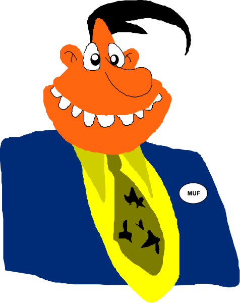 The image shows a cartoon of an orange character with teeth wearing glasses sitting at a desk under what appears to be a yellow sign that says "MUP."