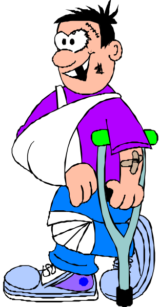 The cartoon shows a man with an arm cast standing on crutches holding his leg up while wearing blue jeans; he has short hair and is smiling at something off-frame to the right of him.