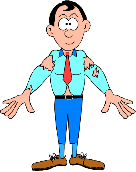 The cartoon shows a man with his shirt ripped open revealing rotten flesh underneath; he has dark hair and is wearing blue jeans and brown shoes. He appears to be standing in front of an audience as if giving a presentation, gesturing towards himself dramatically while looking directly at them.