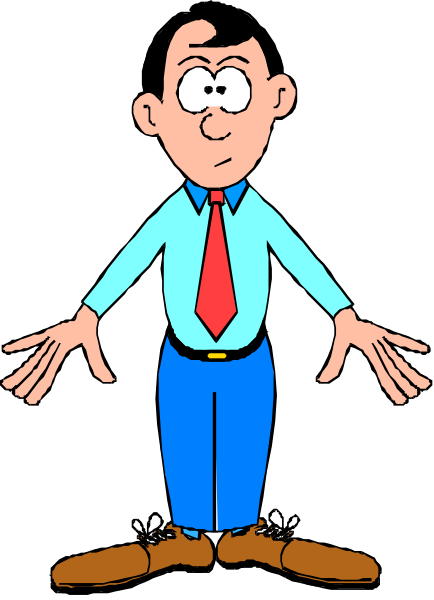 The cartoon depicts a man with his arms spread wide apart while standing on two legs that appear to be floating above each other in mid-air against an otherwise black background.