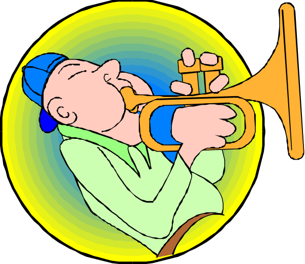 The image features a cartoon of an old man playing two trumpets simultaneously with his eyes closed while wearing blue pants and hat; he is standing in front of a yellow circle that has another smaller picture inside it, which shows him again but this time without any instruments or accessories on, suggesting the theme might be about music.