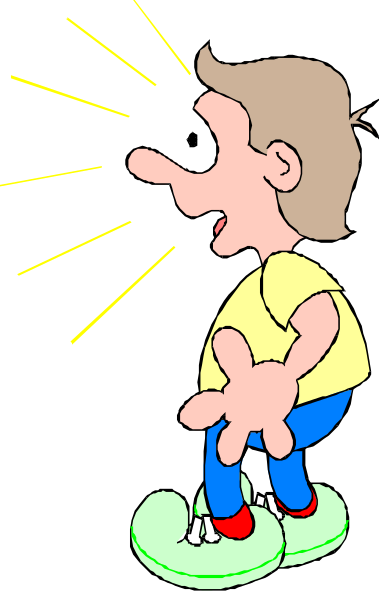 The cartoon shows a boy with his hand on hip shouting into an open mouth of another character who is standing behind him in front of yellow lightning bolts that seem to be emanating from their head.