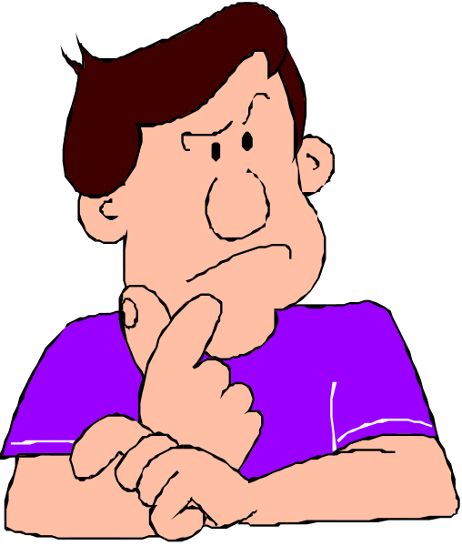 The cartoon shows a man with his hands on hips thinking deeply while seated at an unseen table against a dark background.